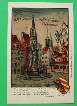 AK Nürnberg / um 1900 / Litho Wappen geprägt / St. Sebaldus Kirche Schöner Brunnen / Hausansichten / Könstler Karte Monogramm WR